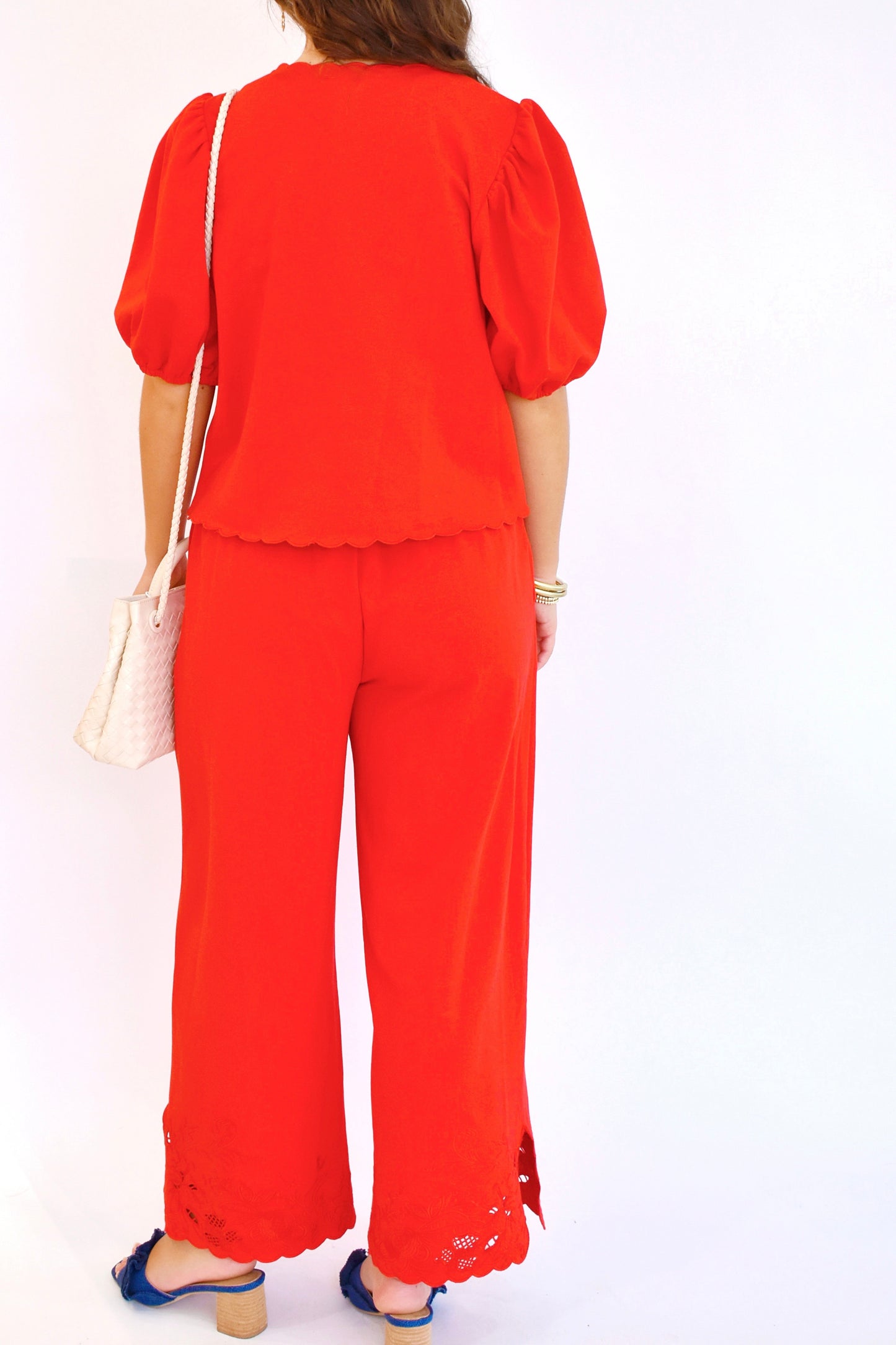 Red Eyelet Embroidery Detailing Drawstring Pants