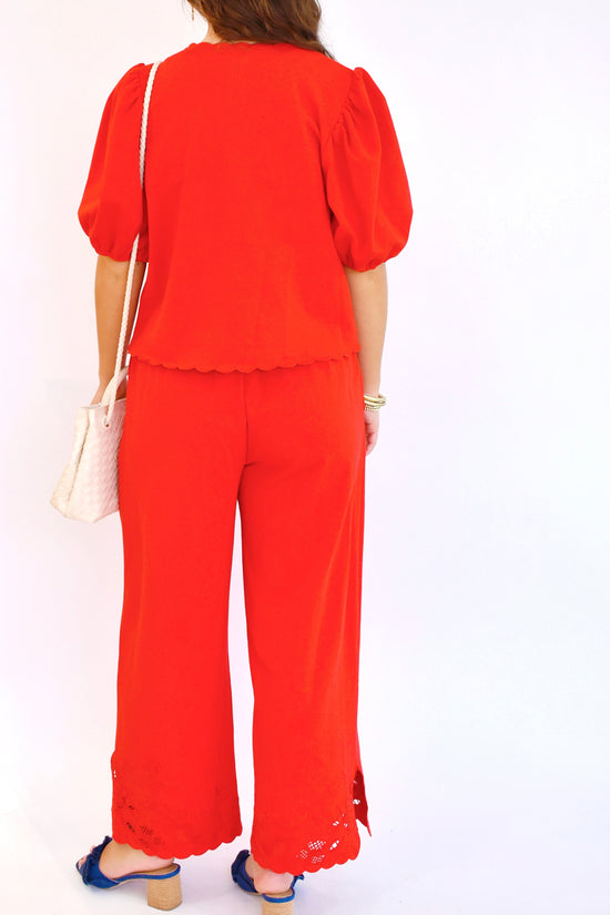 Red Eyelet Embroidery Detailing Drawstring Pants