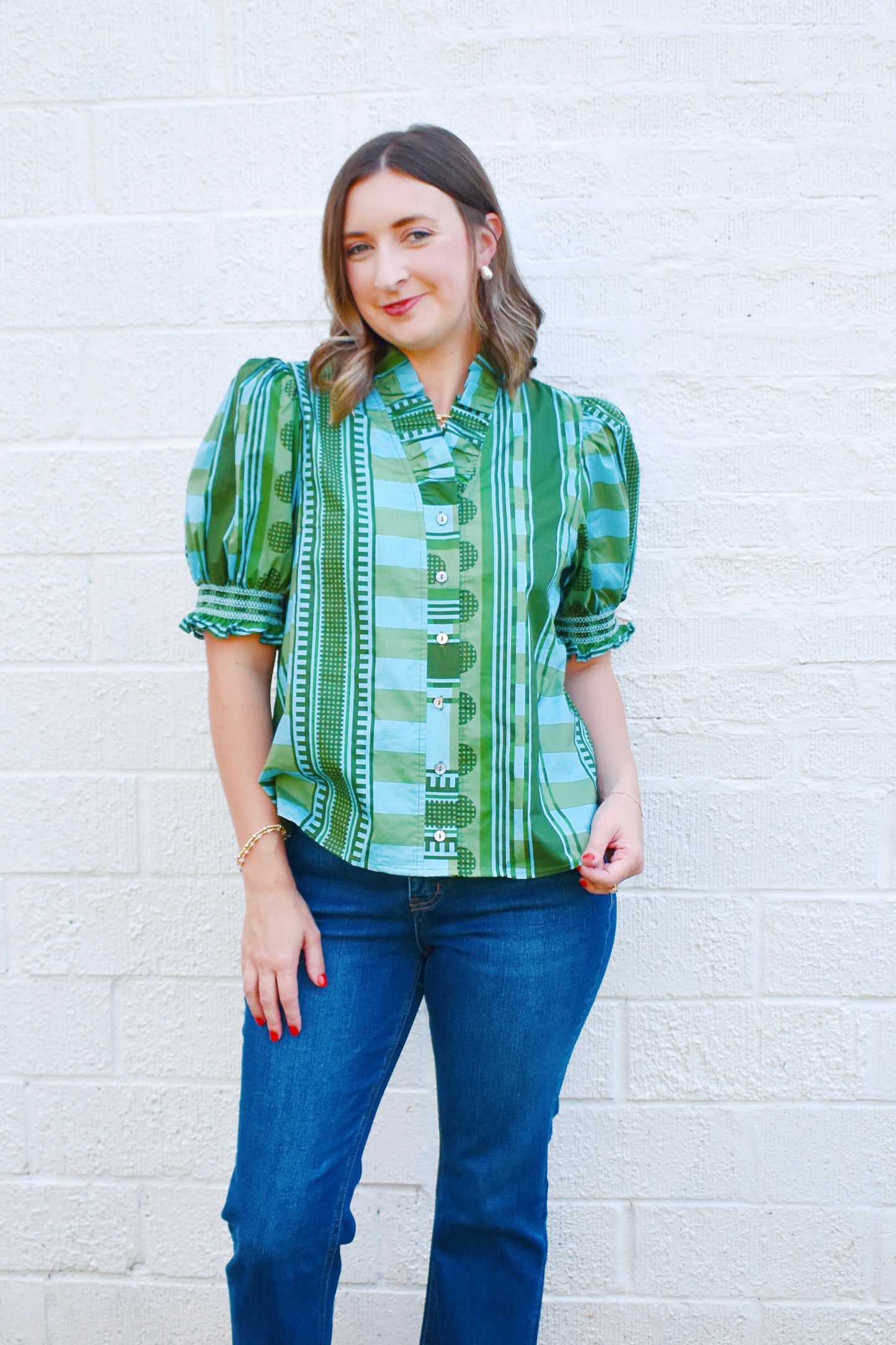 Olive Blue Mixed Print Button Up Blouse
