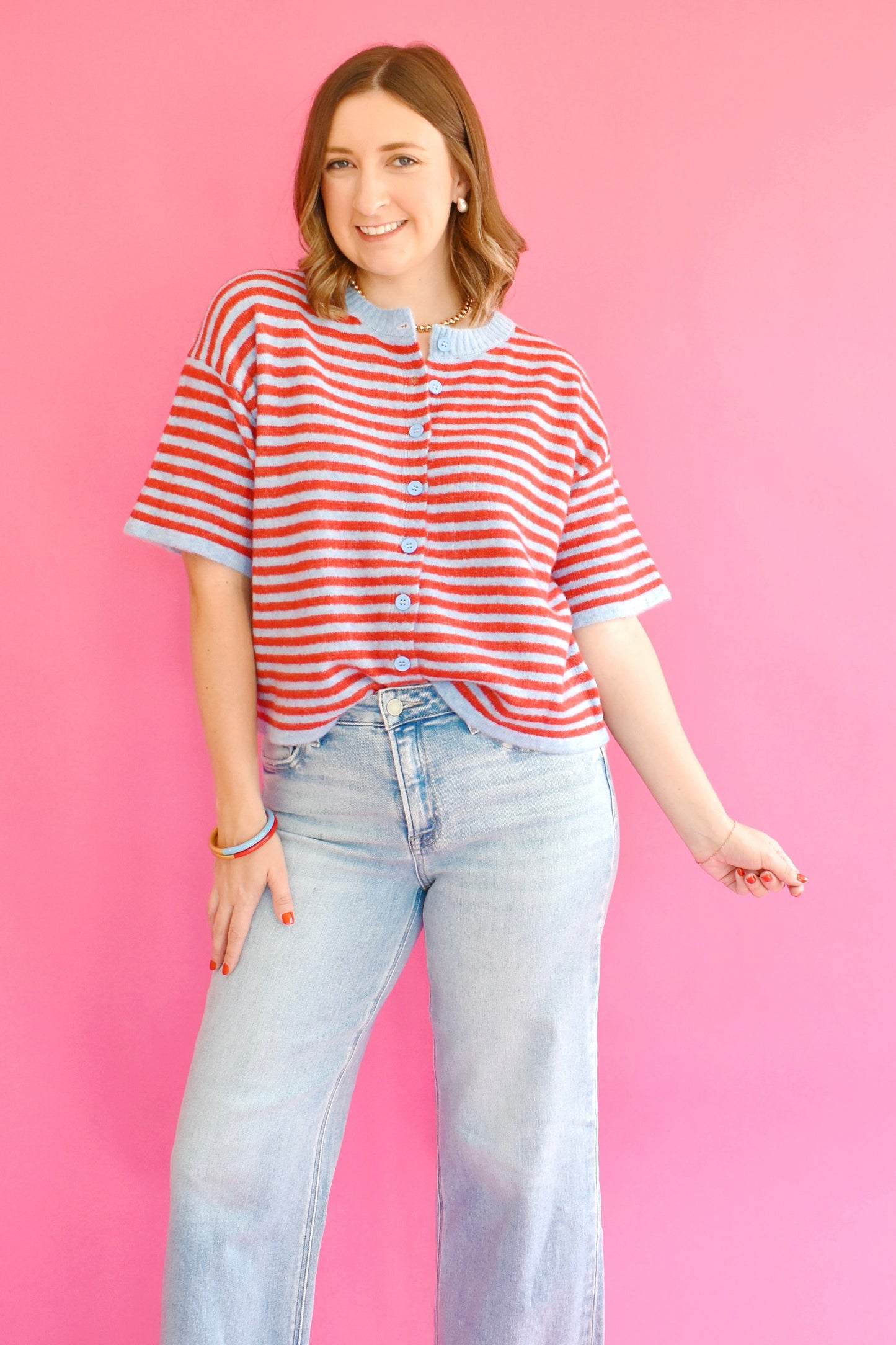 Blue & Red Striped Short Sleeve Cardigan