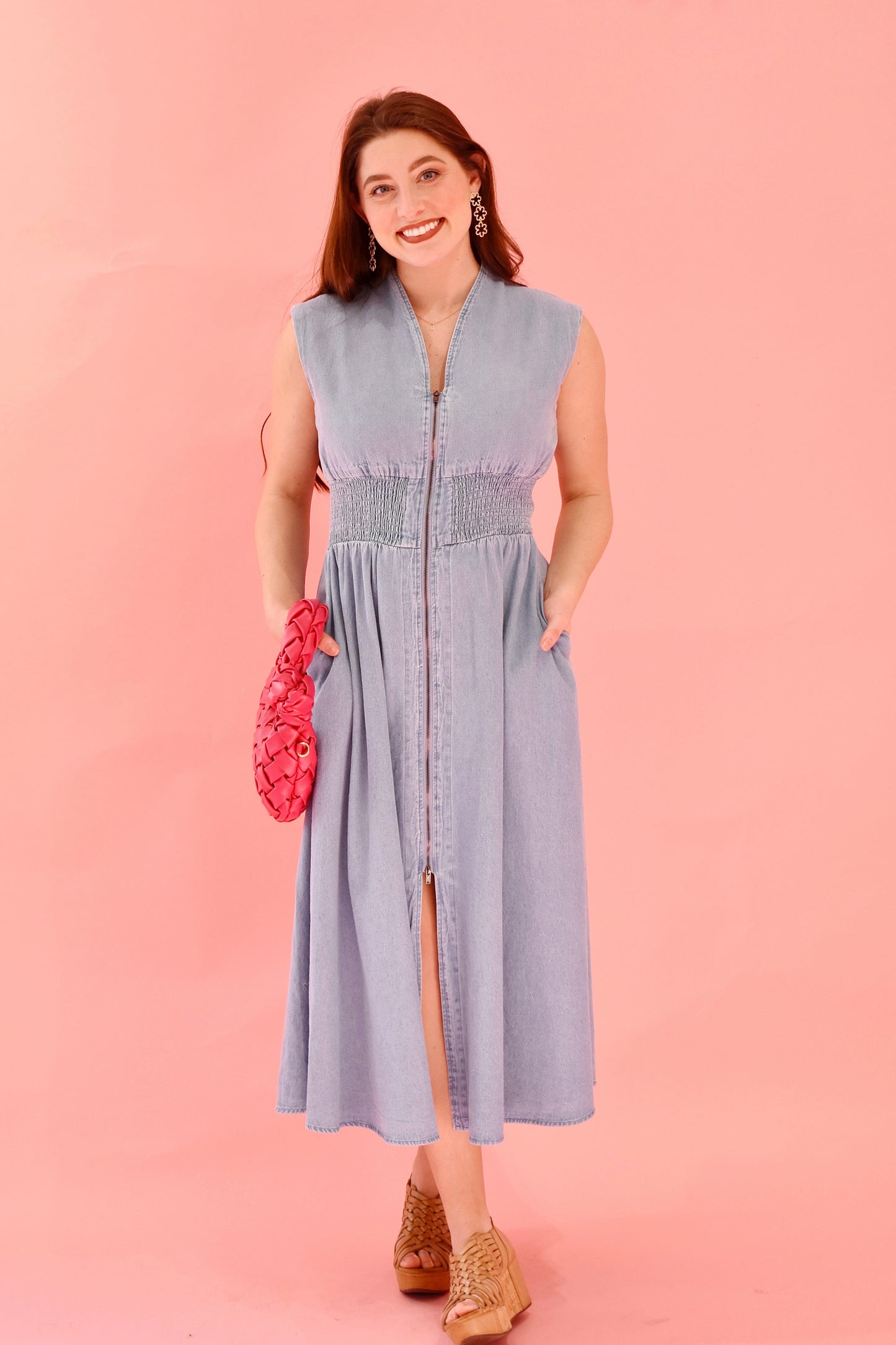 Denim Zip Up Midi Dress