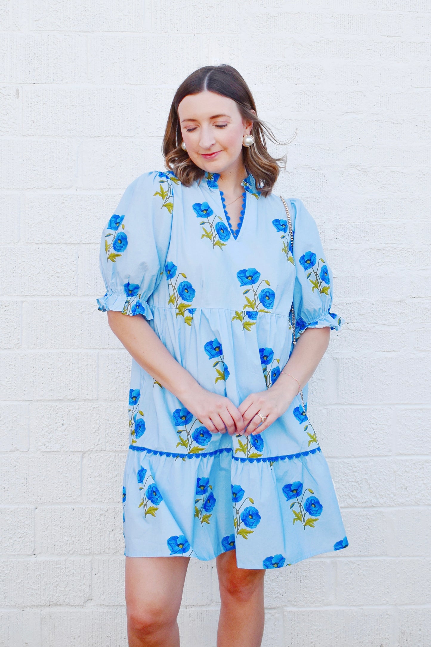 Summer Blues Floral Scallop Detail Trim Mini Dress