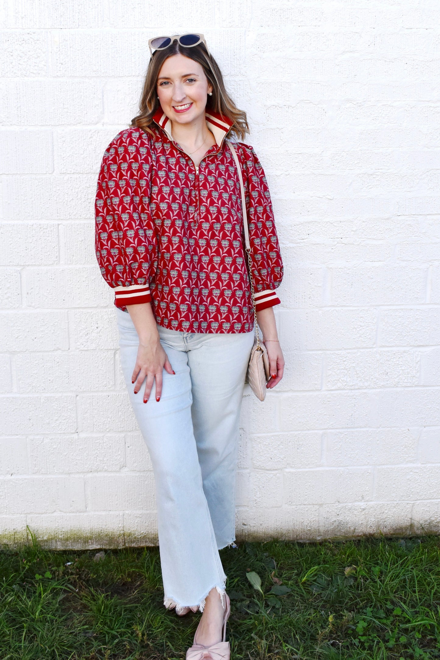 Rust Floral Zip Up Stripe Contrast Top