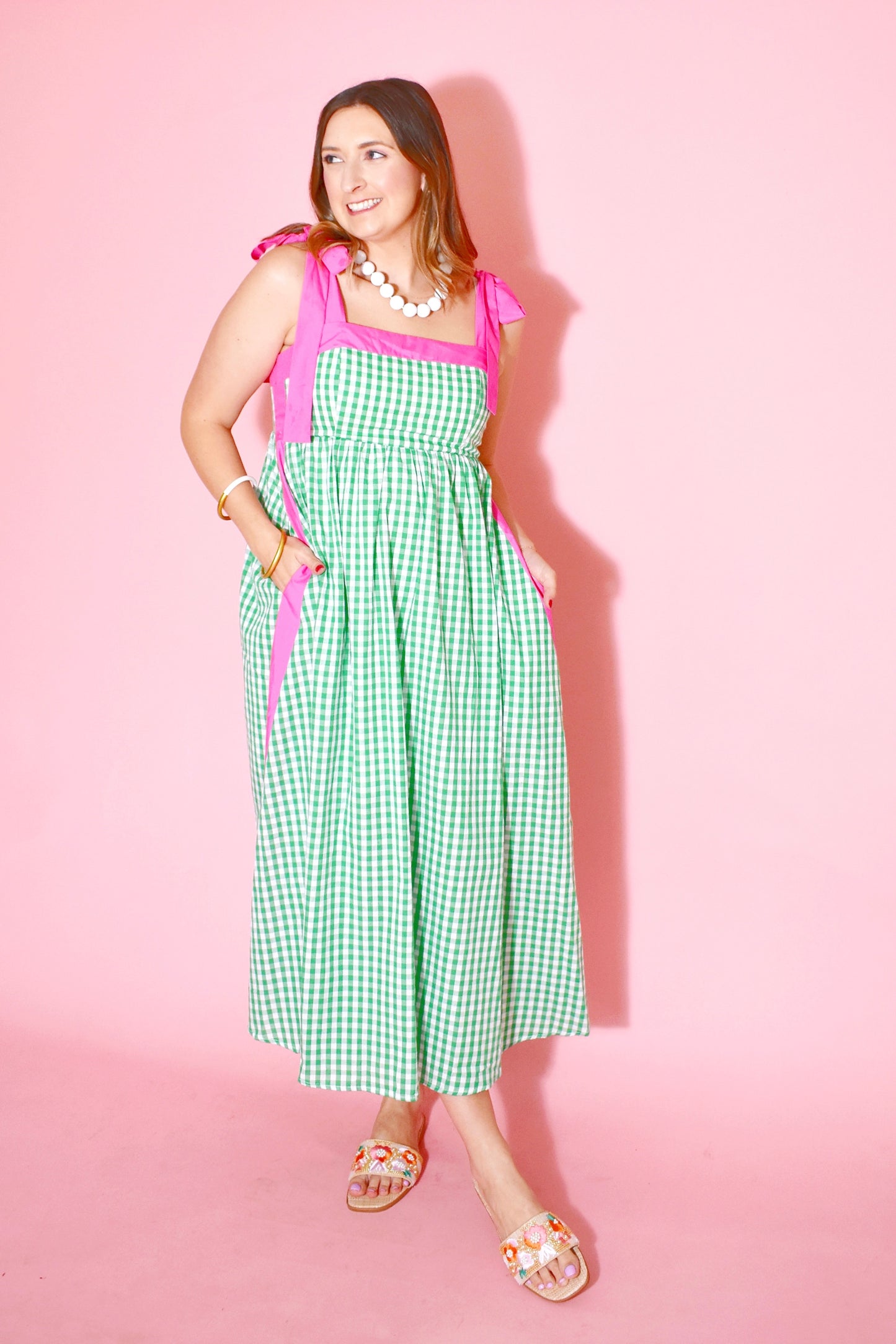Green Gingham Pink Contrast Tie Strap Midi Dress