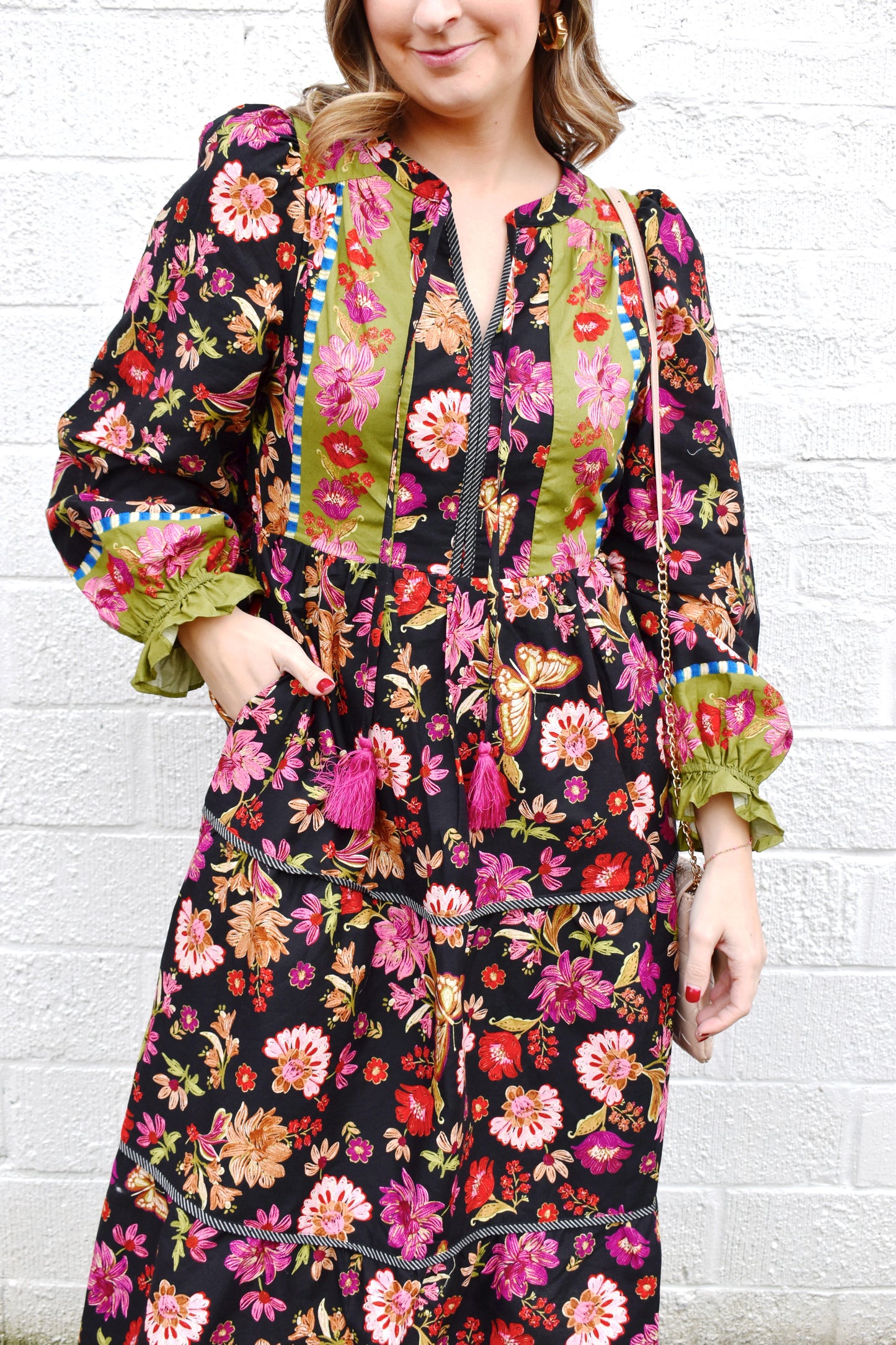 Black Floral Border Midi Dress