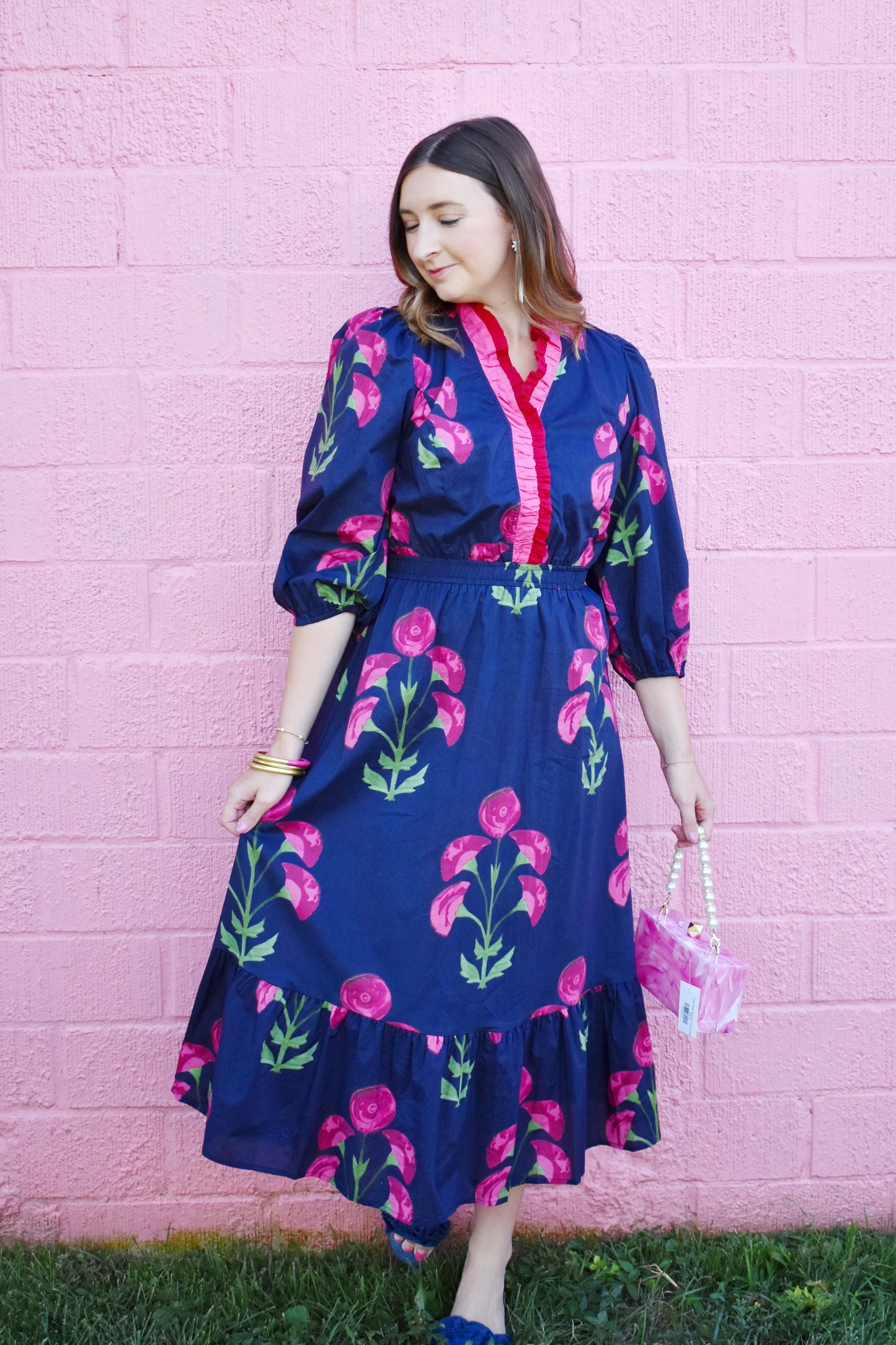 Navy Floral Ruffle Neckline Midi Dress Confetti Boutique Navy Floral Ruffle Neckline Midi Dress Confetti Boutique