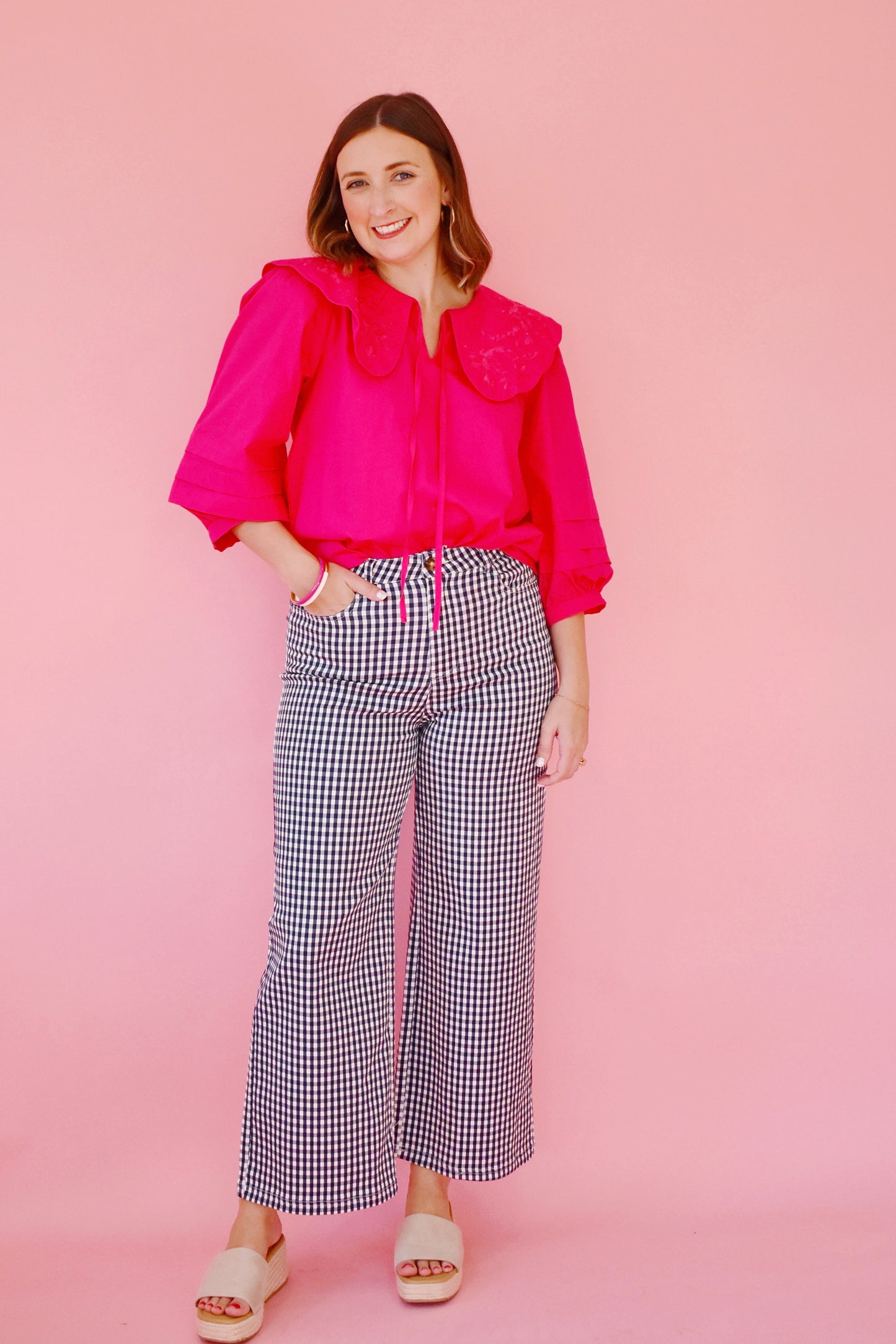 Fuchsia Embroider Collared Blouse