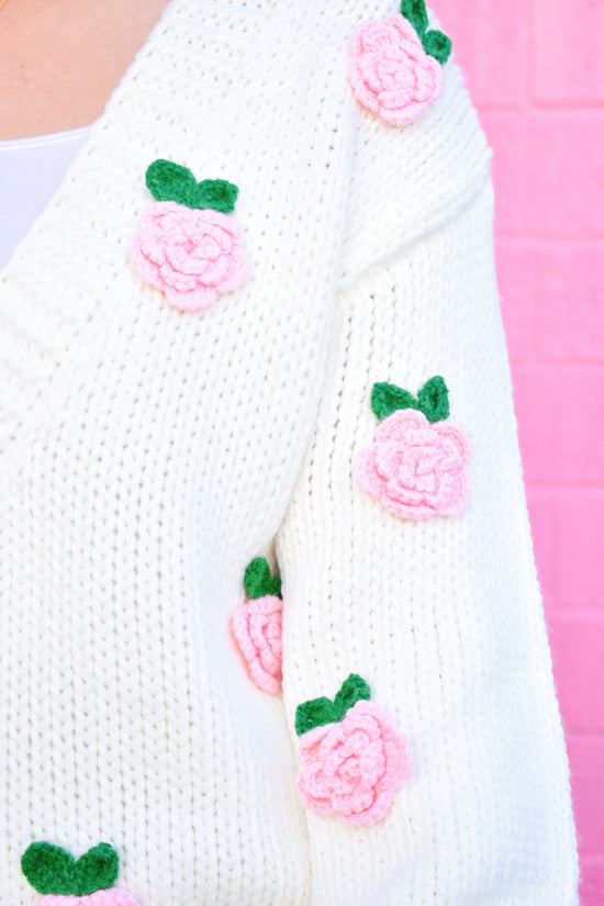 White Rosette Applique Cardigan Sweater