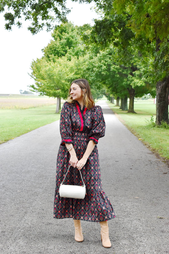 Black Floral Ruffle Neckline Midi Dress