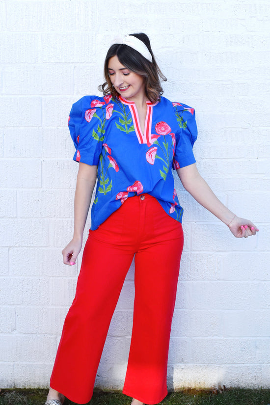 Blue & Pink Floral Color Block Trim Blouse