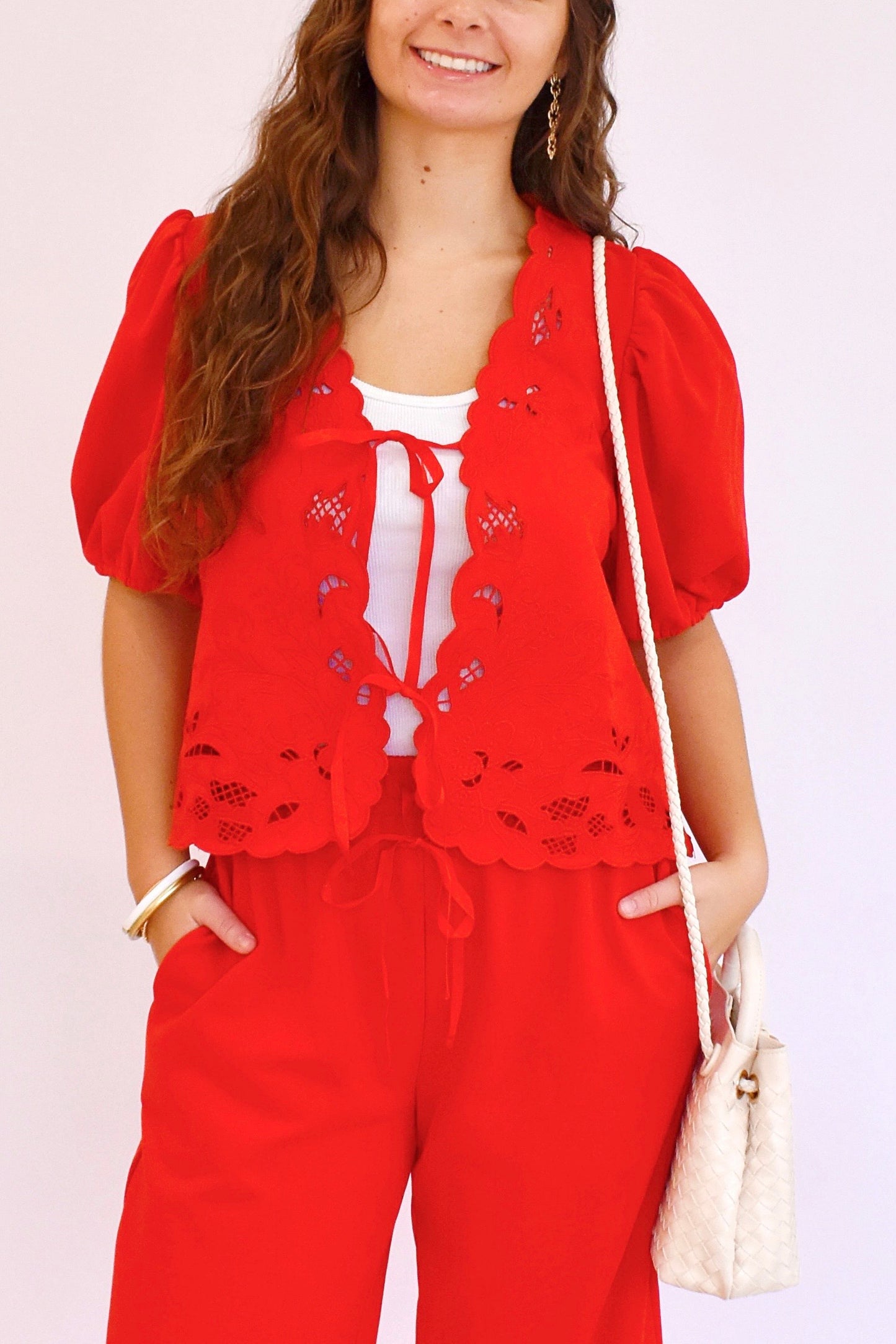 Red Eyelet Embroidery Detailing Tie Front Top