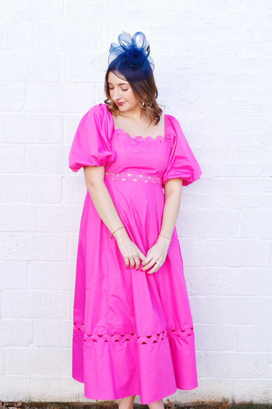 Hot Pink Puff Sleeve Scallop Trim Midi Dress