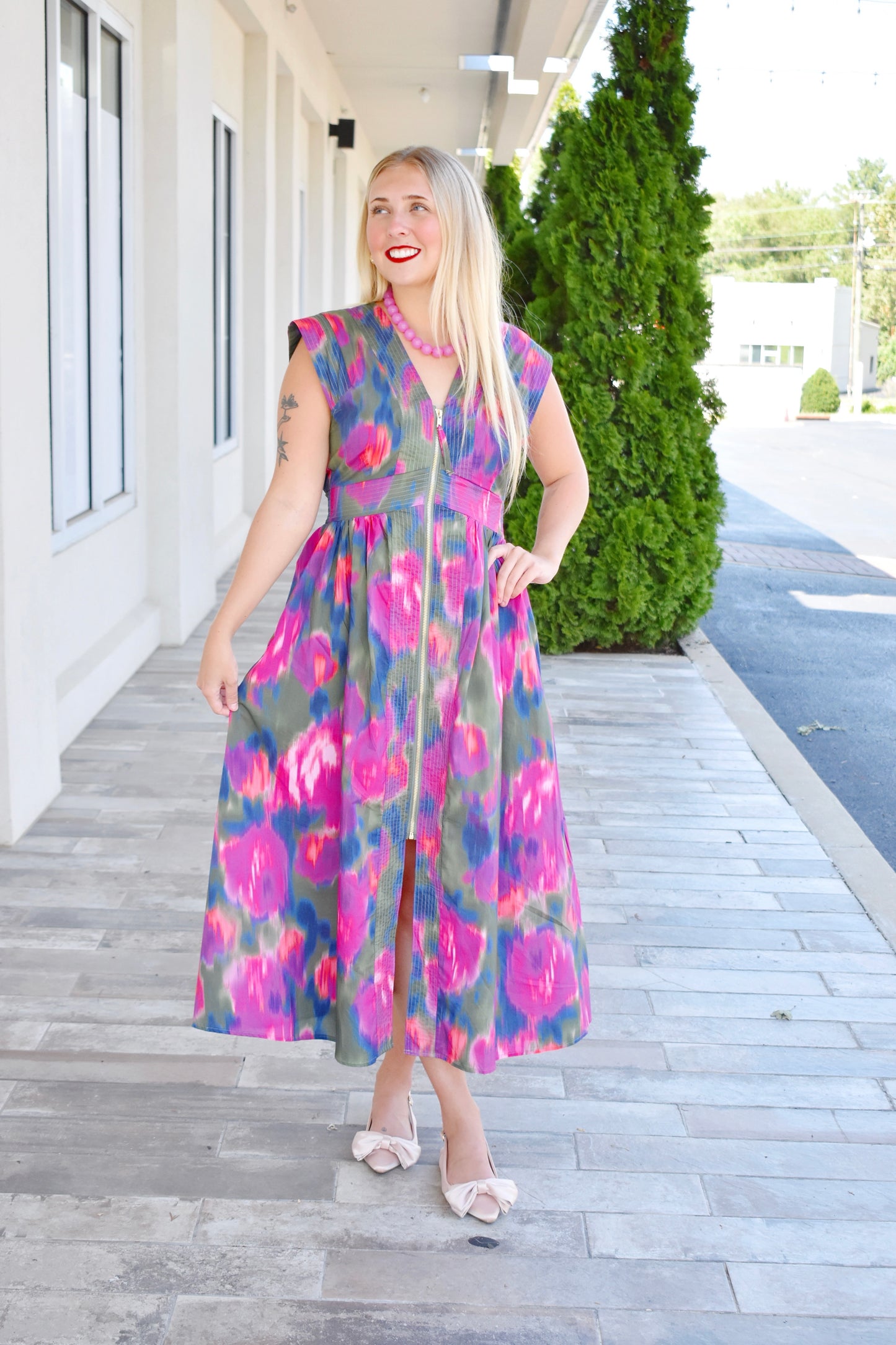 Magenta Watercolor Zip Midi Dress