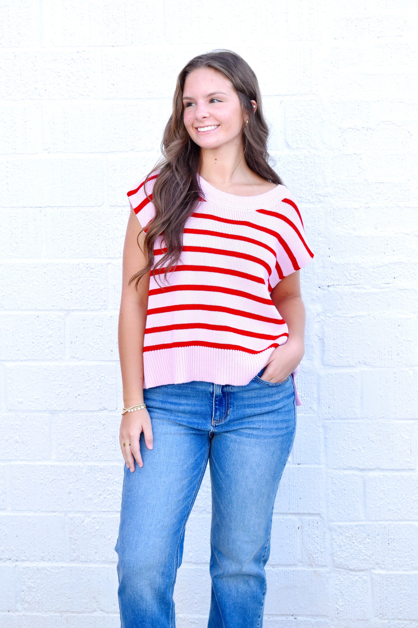 Pink Red Striped Sweater Top