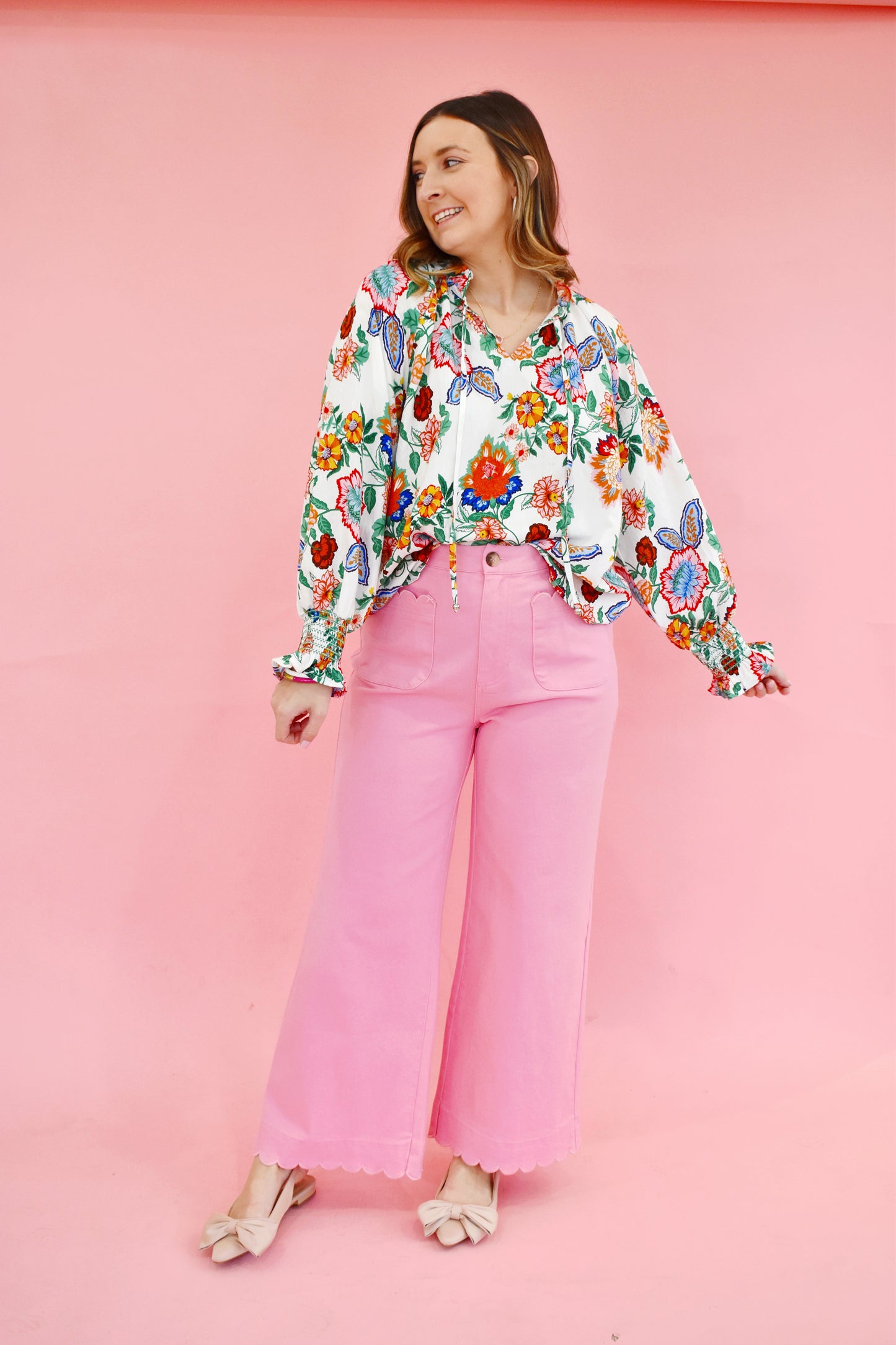 Ivory Bold Colored Floral Long Sleeve Blouse