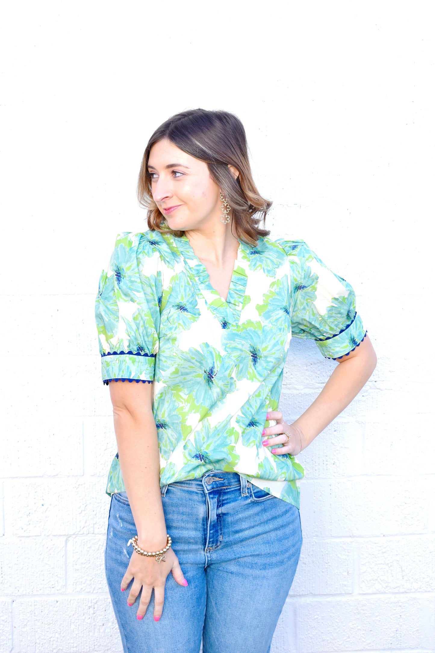 Mint Floral Navy Scallop Trim Blouse