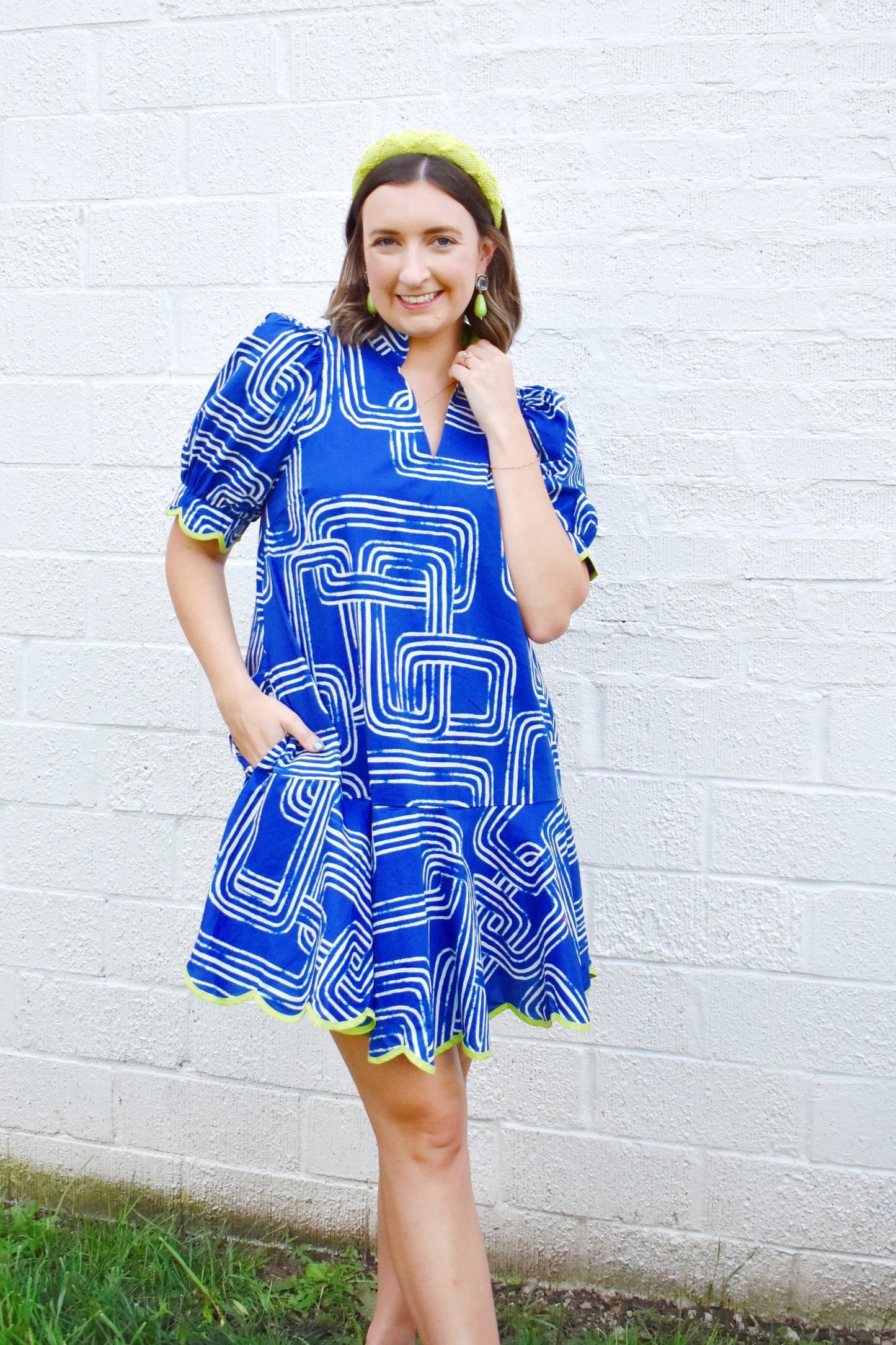Navy Geometric Lime Scallop Dress