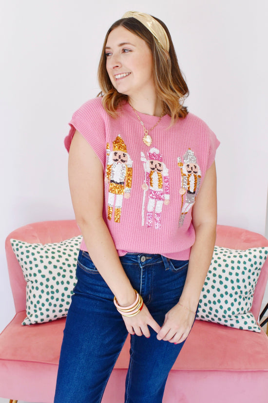 Pink Sequin Nutcracker Sweater Top