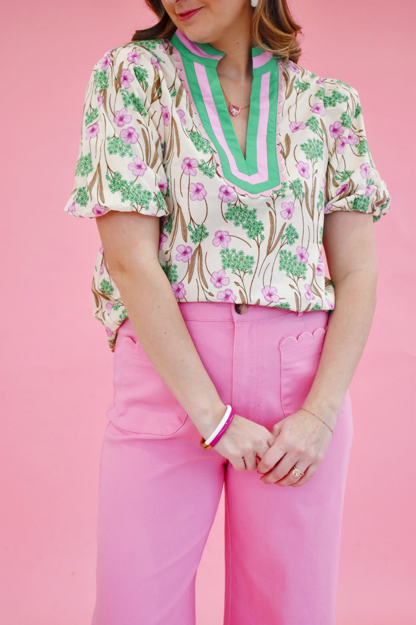 Soft Pink Scallop Detail Floral Blouse