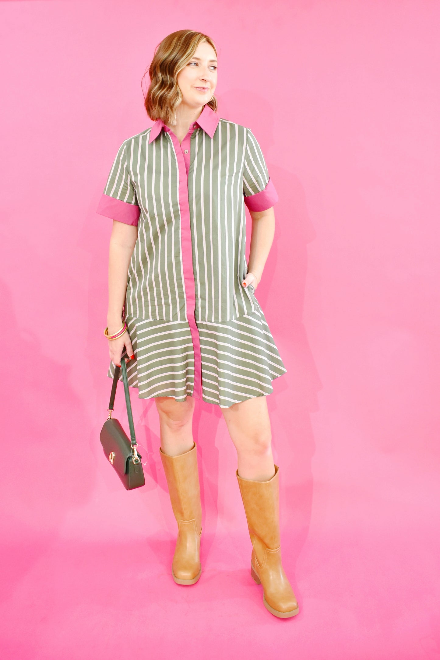 Army Stripe Pink Contrast Drop Waist Dress