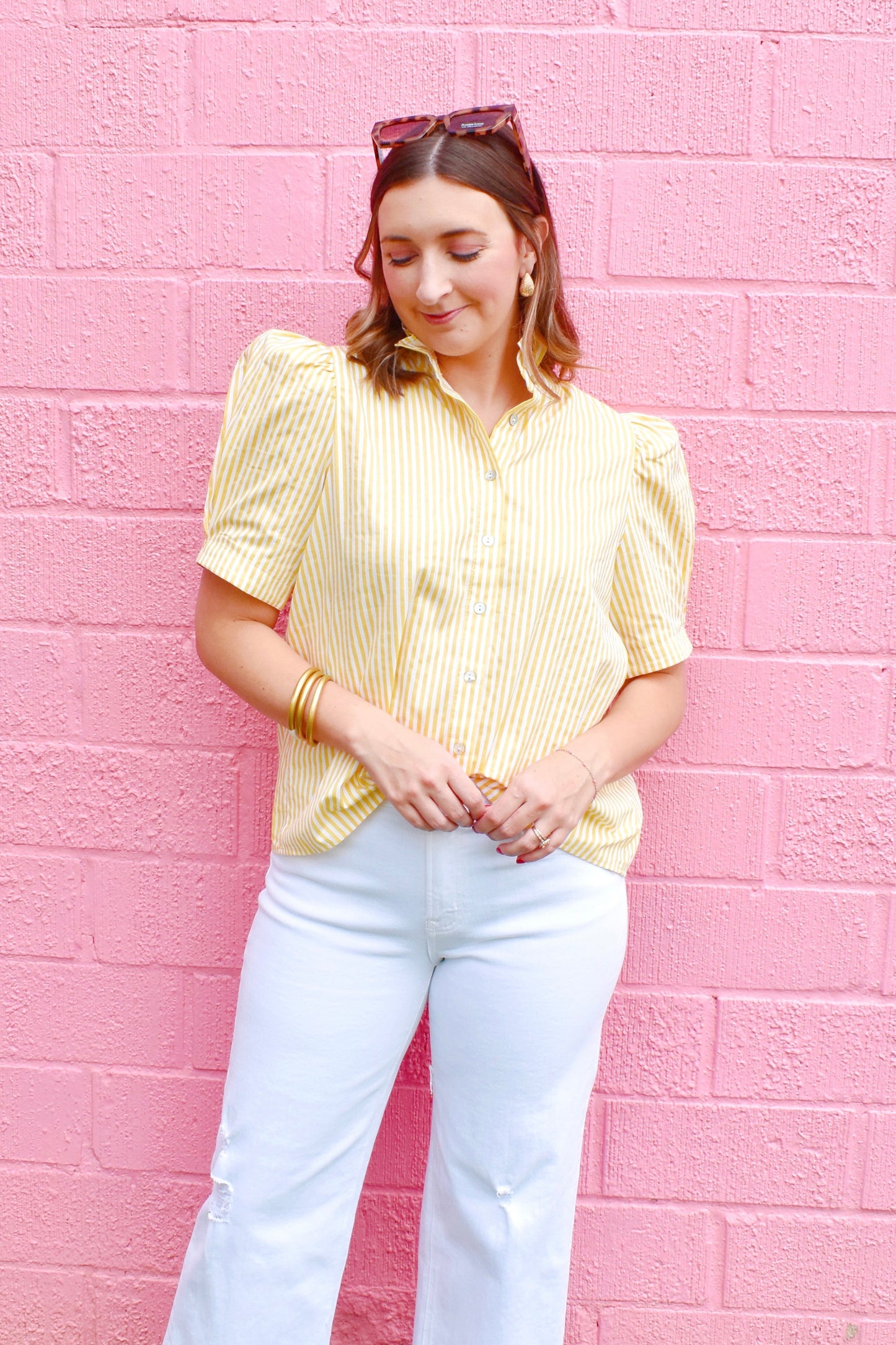 Lemon Striped Button Down Blouse