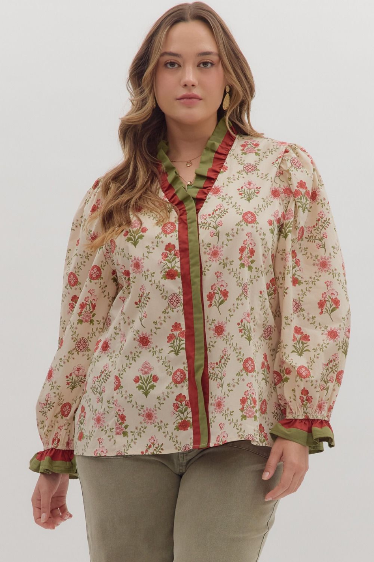 Plus Fall Floral Ruffle Contrast Blouse