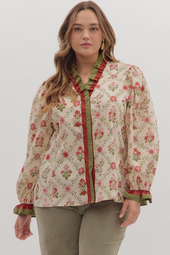Plus Fall Floral Ruffle Contrast Blouse