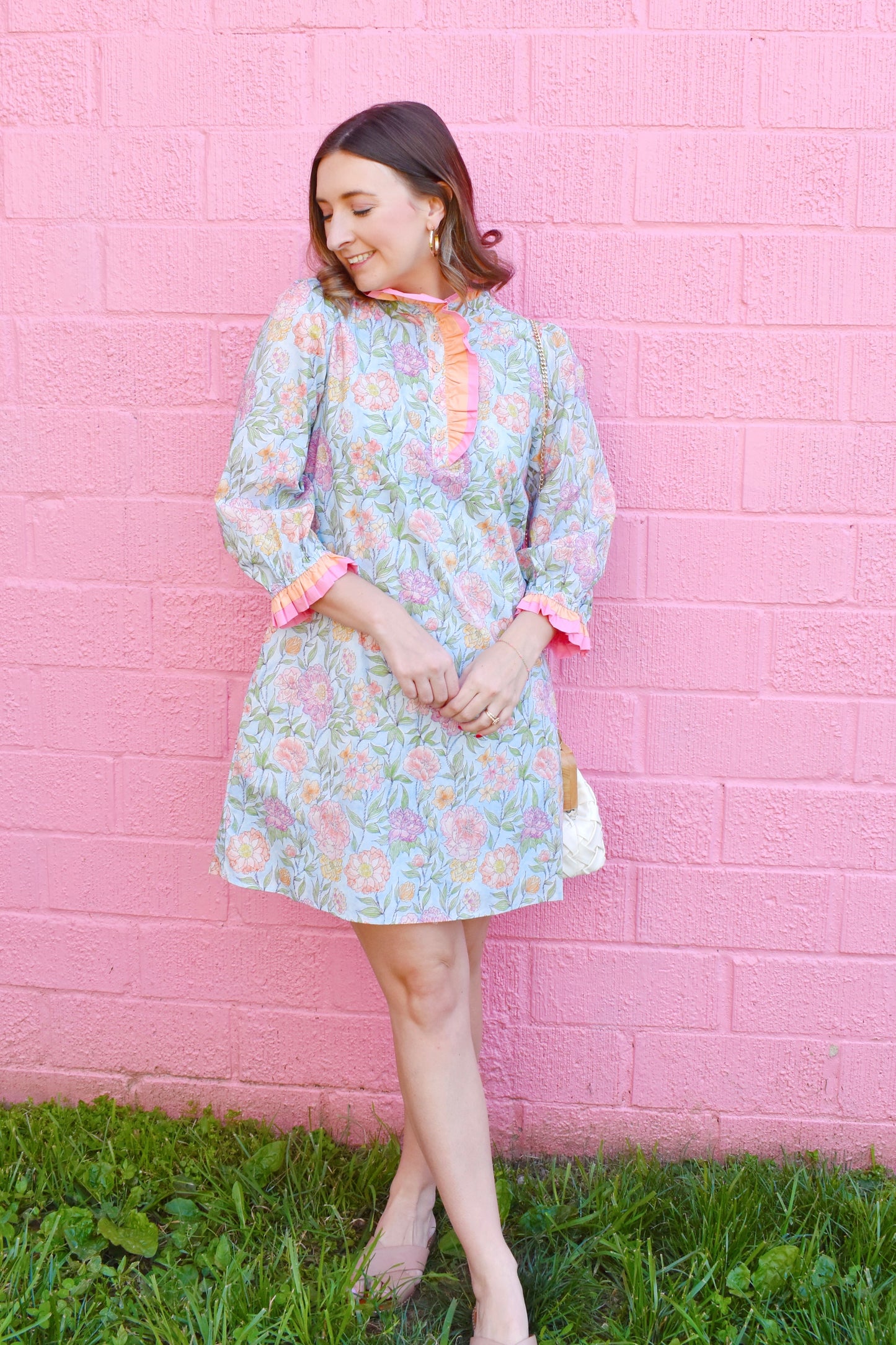 Sky Blue Lovely Floral Ruffles Accents Dress