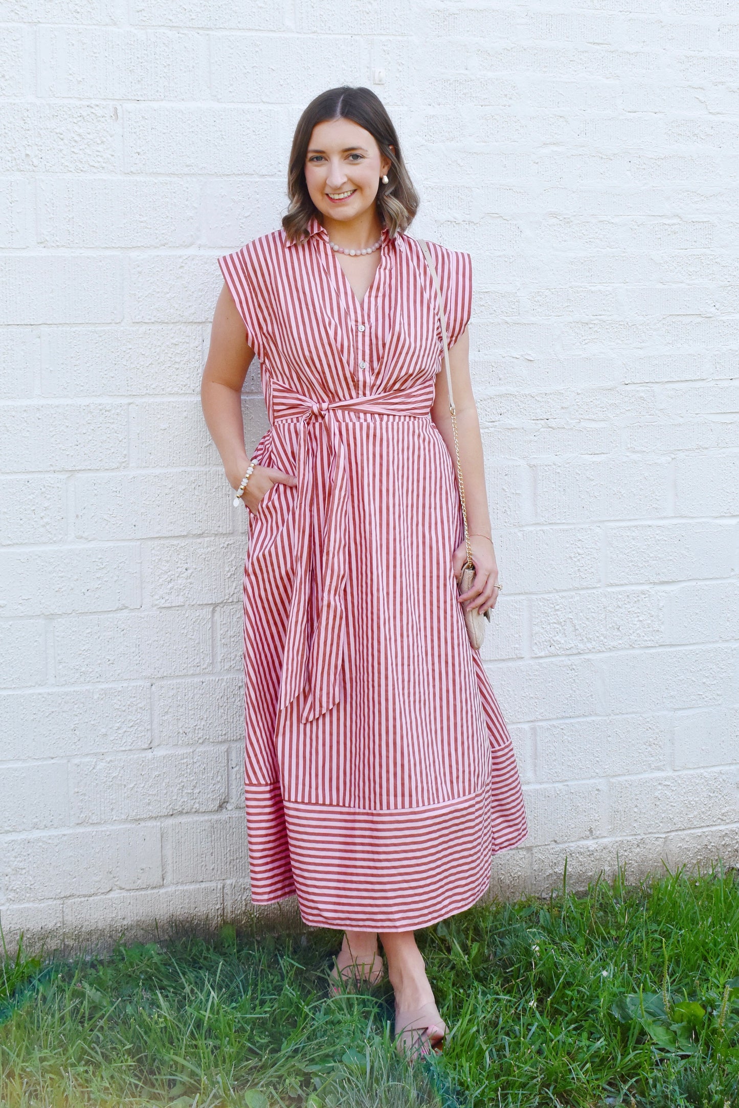 Pink & Camel Striped Collared Tie Waist Dress