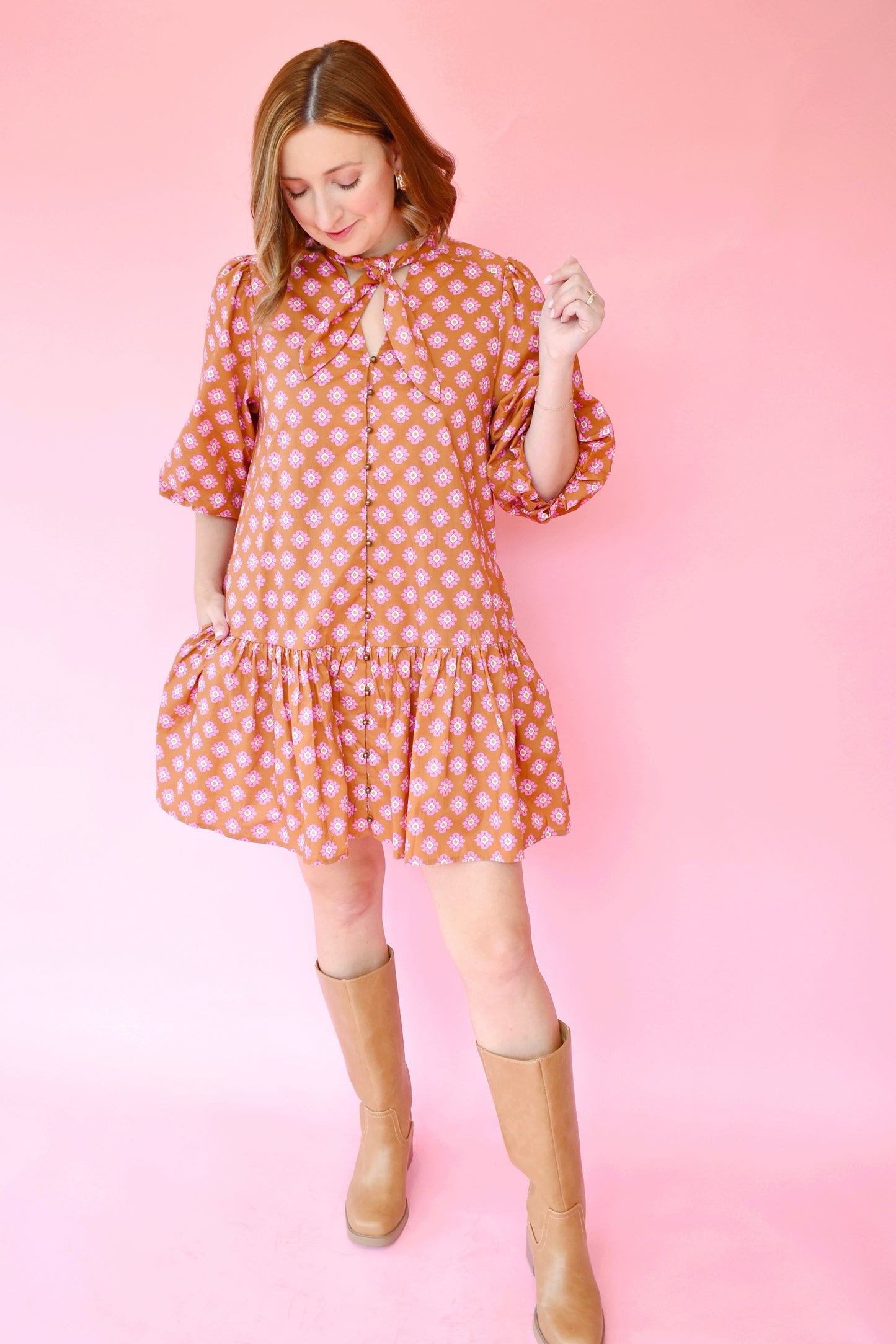 Camel Pink Floral Tie Neck Drop Waist Dress