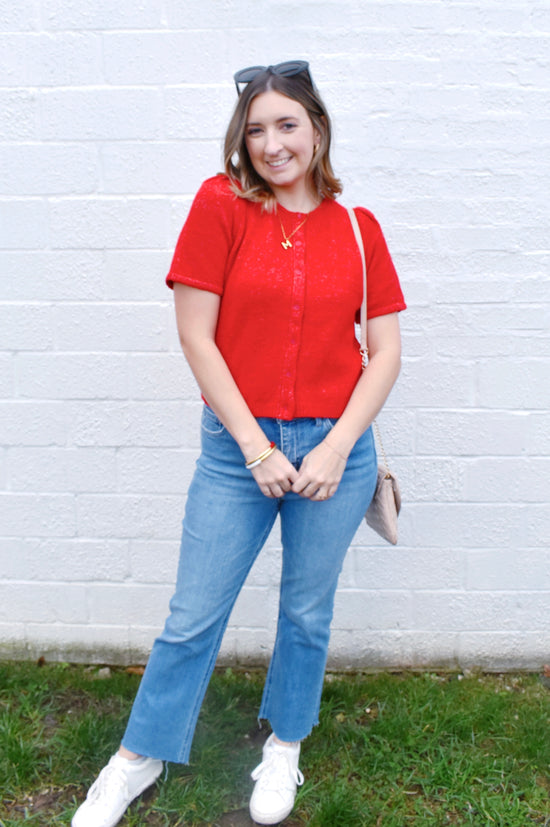 Red Button Down Short Sleeve Cardigan