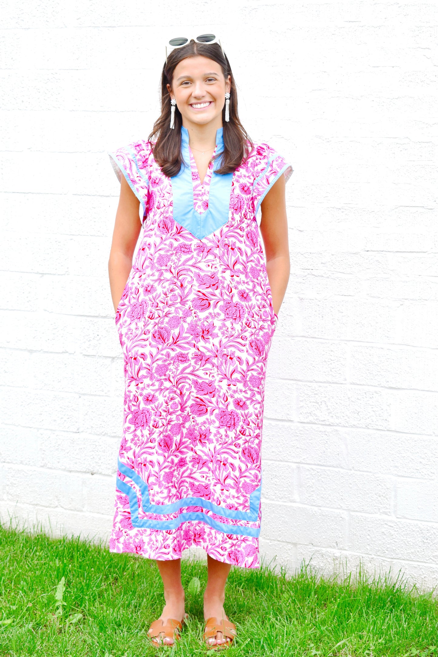 Palm Beach Pink Floral Blue Contrast Midi Dress Confetti Boutique Palm Beach Pink Floral Blue Contrast Midi Dress Confetti Boutique