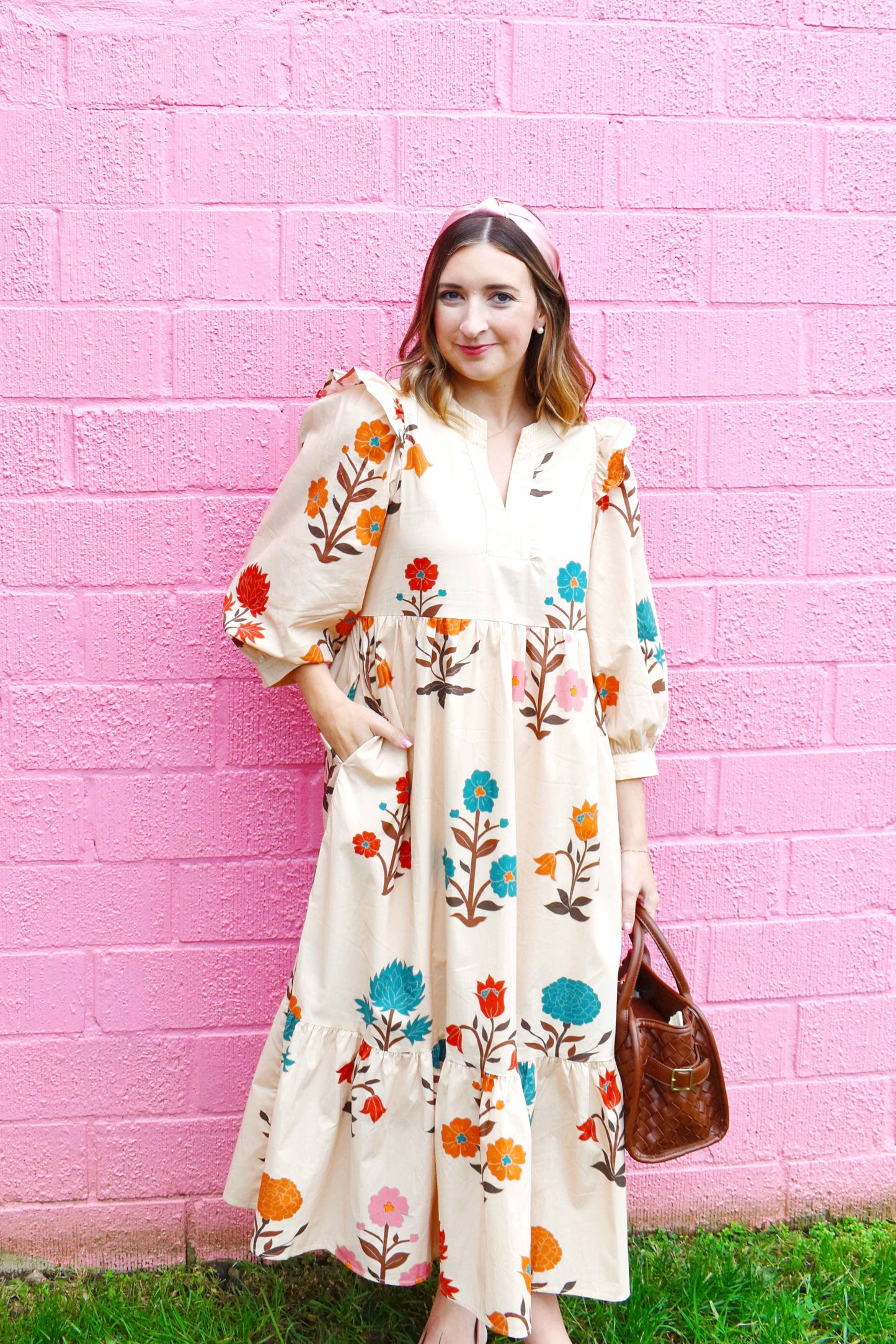 Fall Multi Floral Ruffle Detail Midi Dress