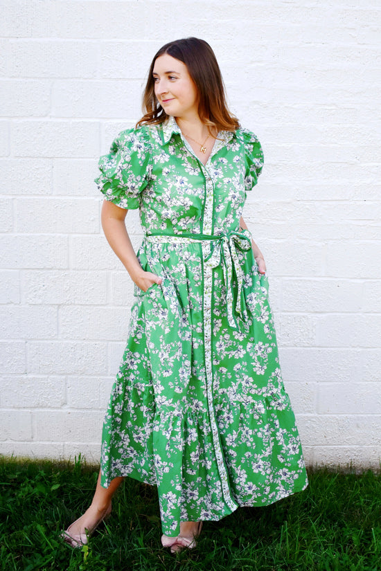 Olive Green Floral Tie Waist Midi Dress