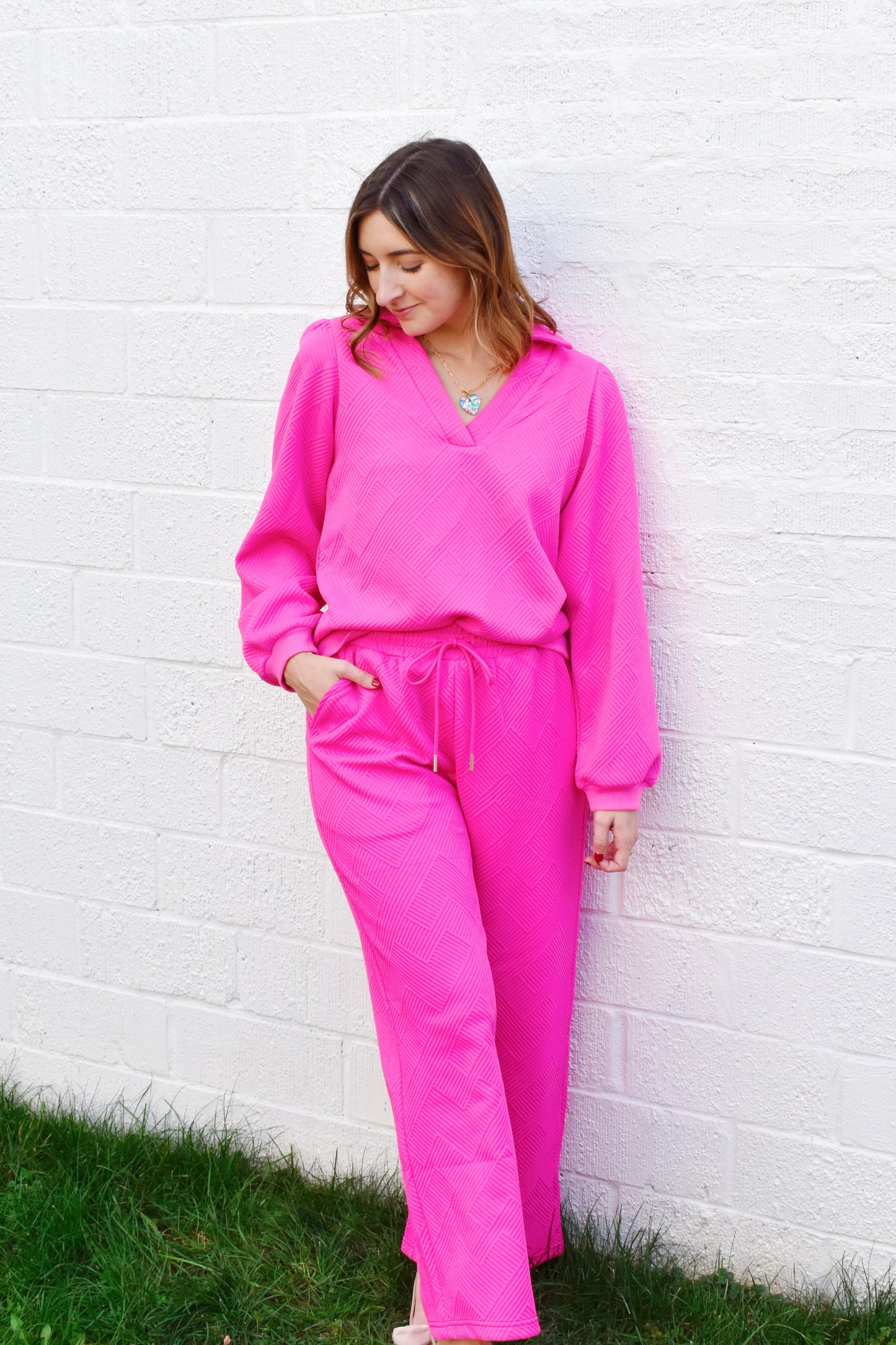 Hot Pink Textured Drawstring Pants