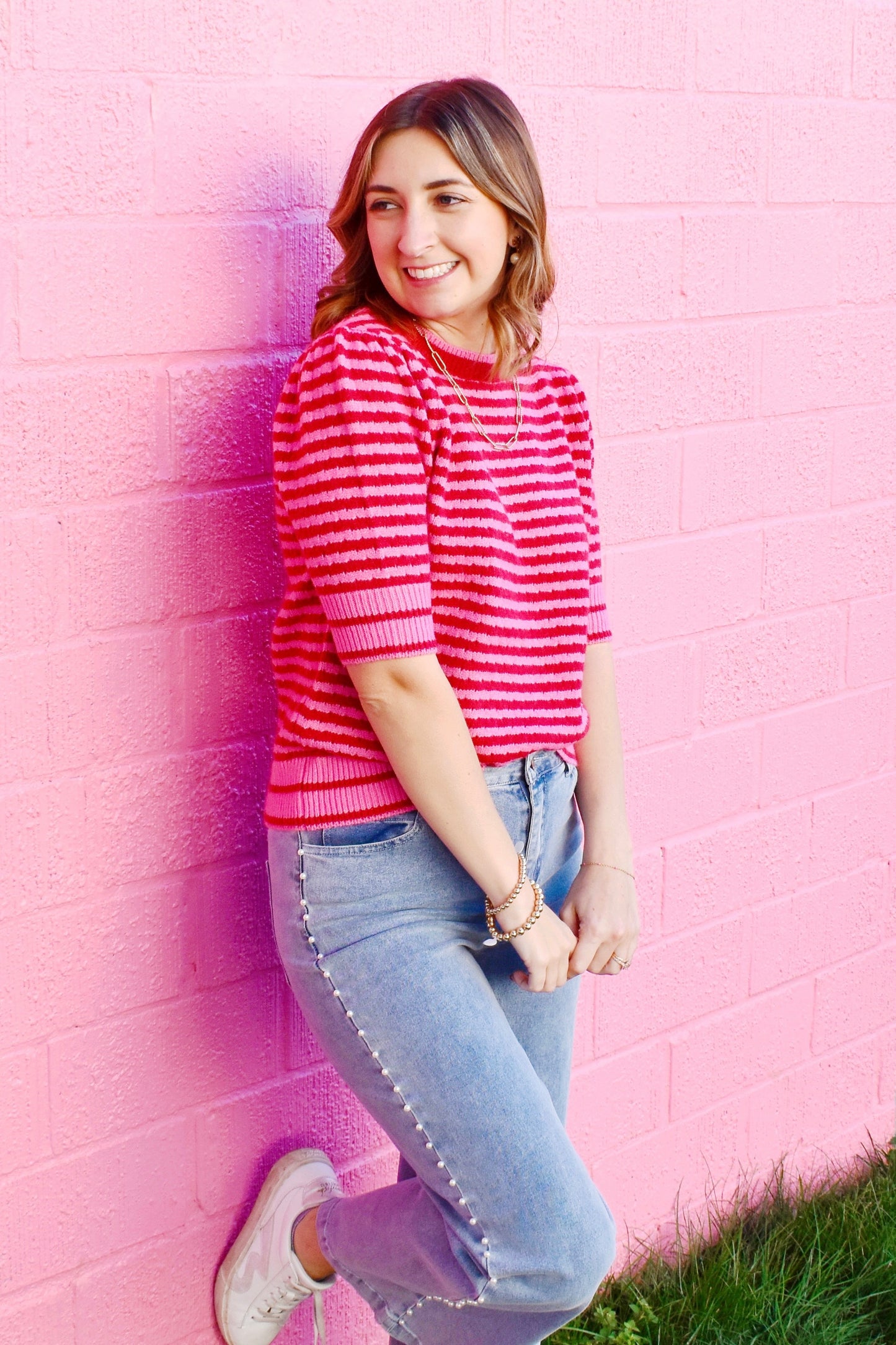 Pink & Red Striped Knit Sweater Top