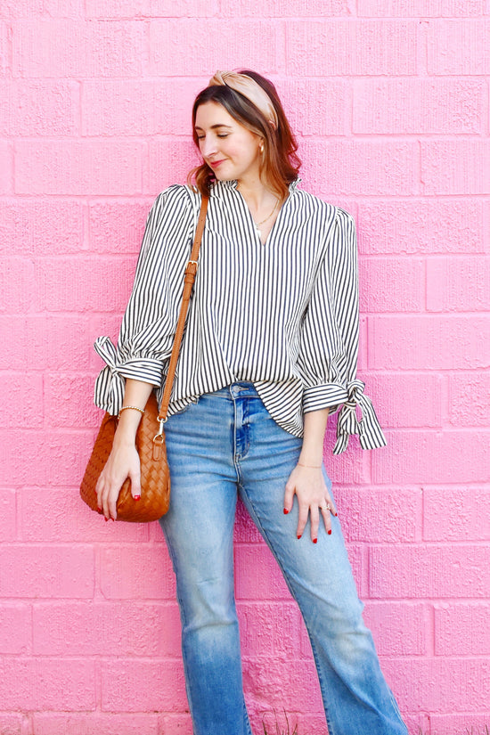 Dark Navy Striped Tie Sleeve Top