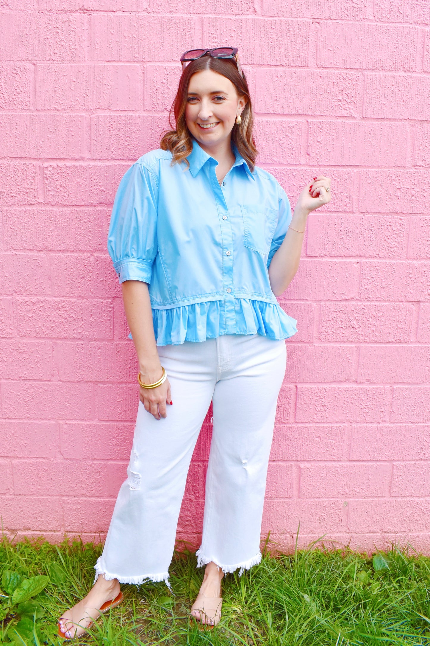 Blue Button Down Ruffle Hem Top