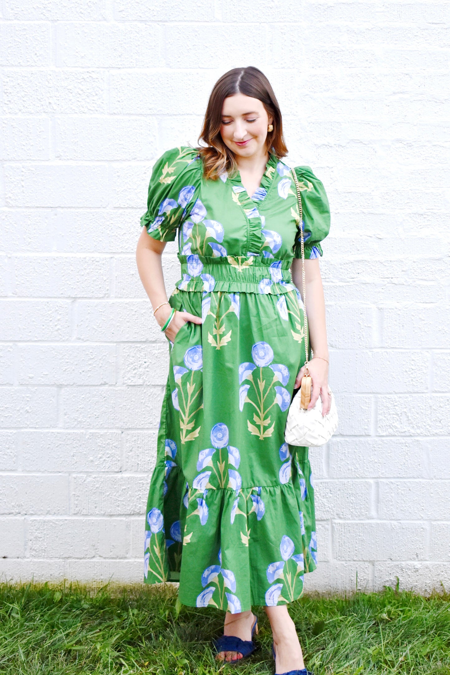 Green & Blue Floral Ruffle Neckline Midi Dress Confetti Boutique Green & Blue Floral Ruffle Neckline Midi Dress Confetti Boutique