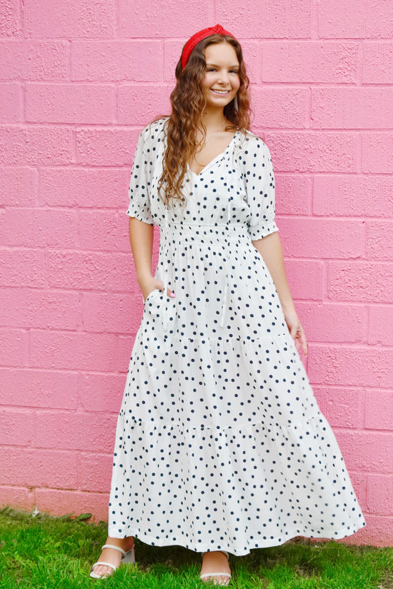 Navy Polka Dot Smock Waist Midi Dress – Confetti Boutique