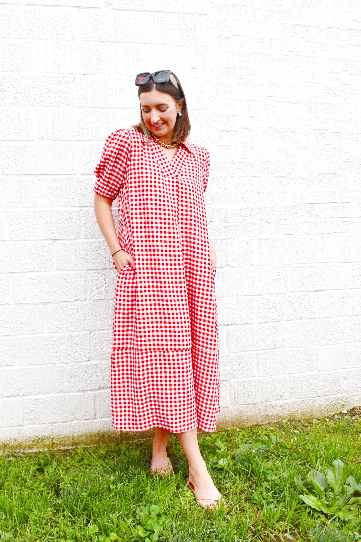 Red Gingham Collared Midi Dress