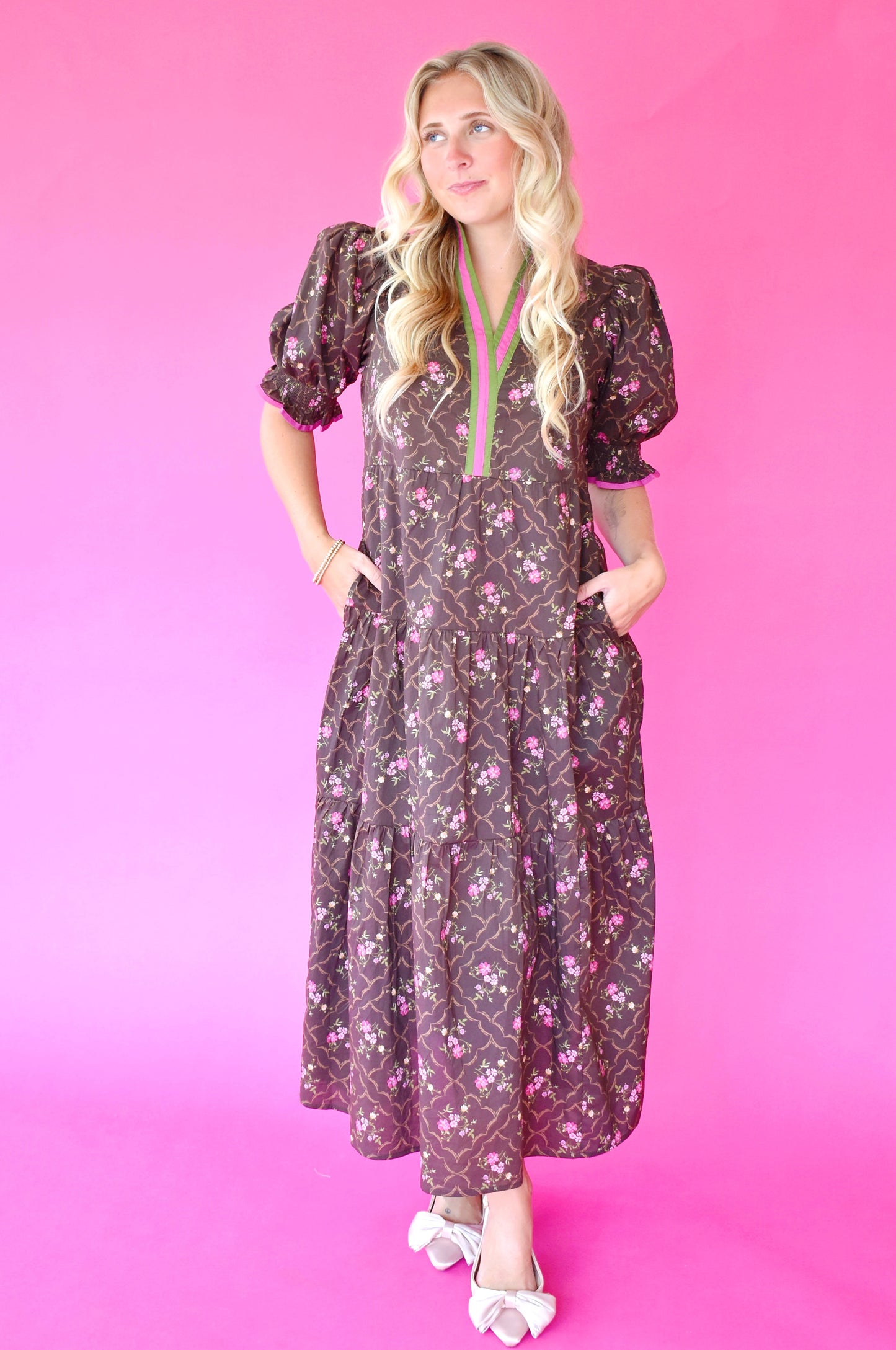 Chocolate Pink Green Floral Midi Dress