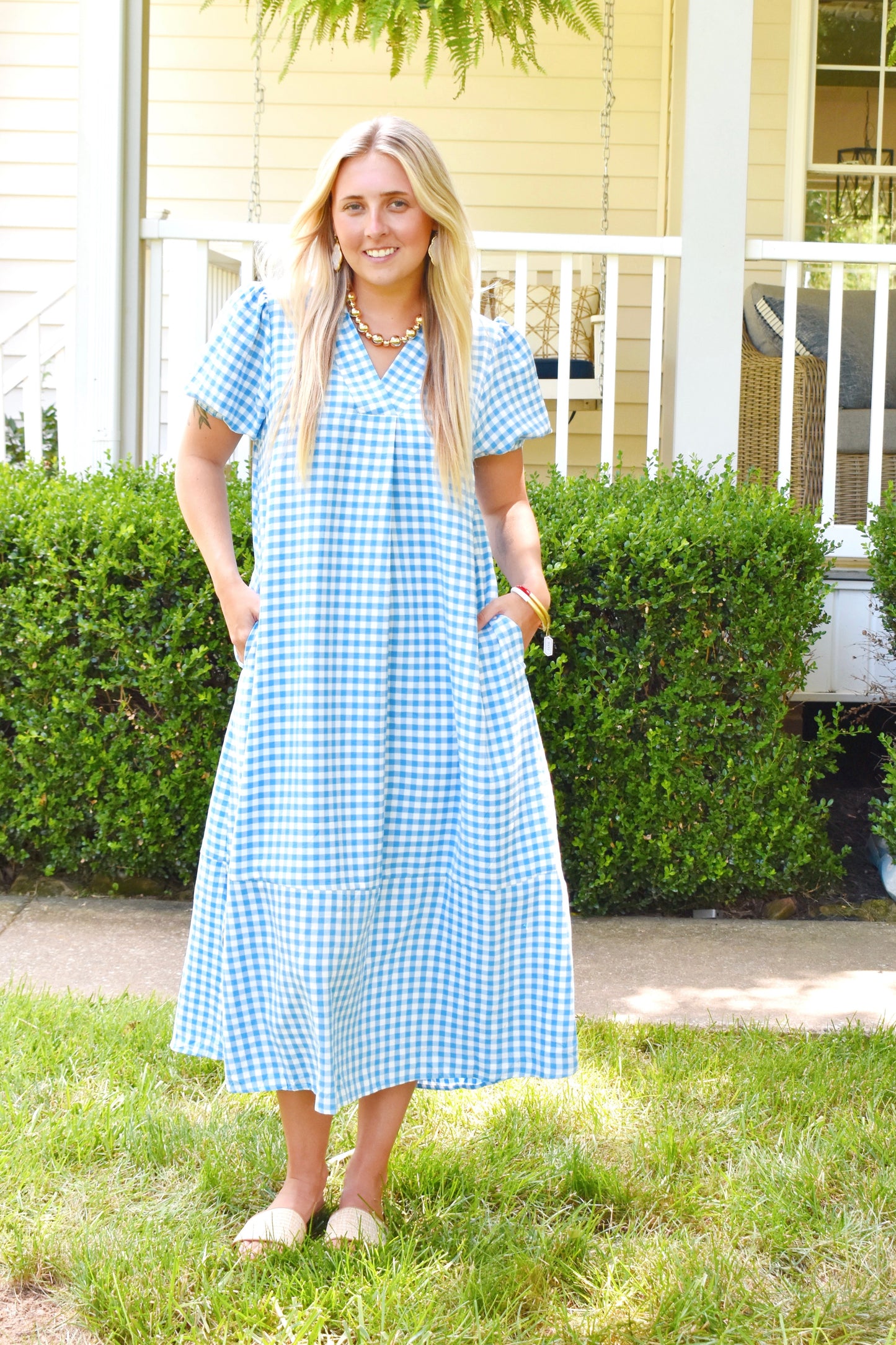 Blue Gingham Collared Midi Dress