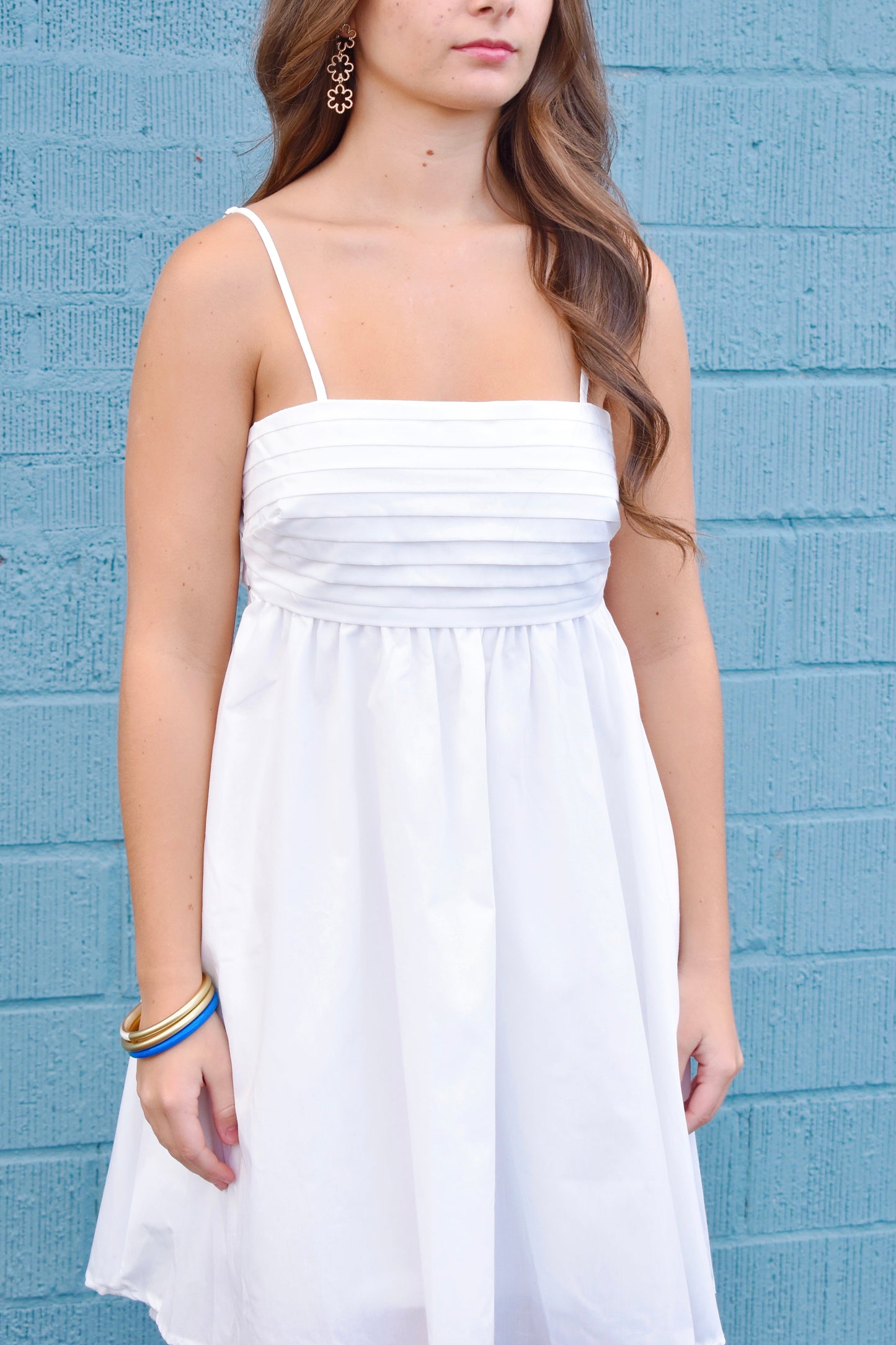 White Pleated Bodice Bow Back Dress