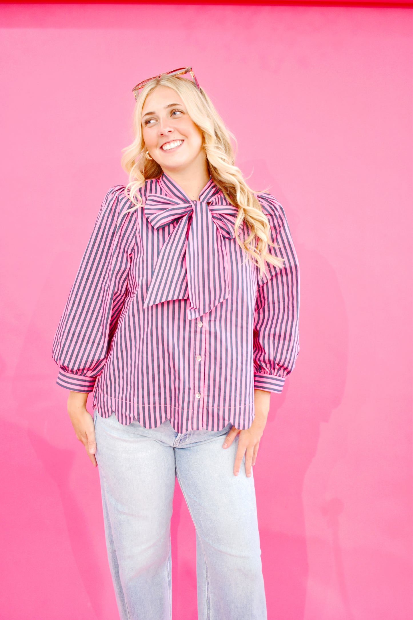 Pink Pine Striped Bow Scalloped Blouse