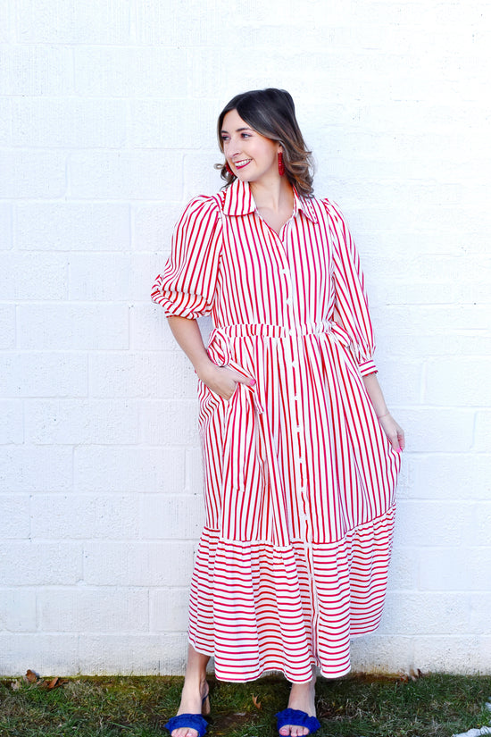 Red Striped Scallop Detail Midi Dress