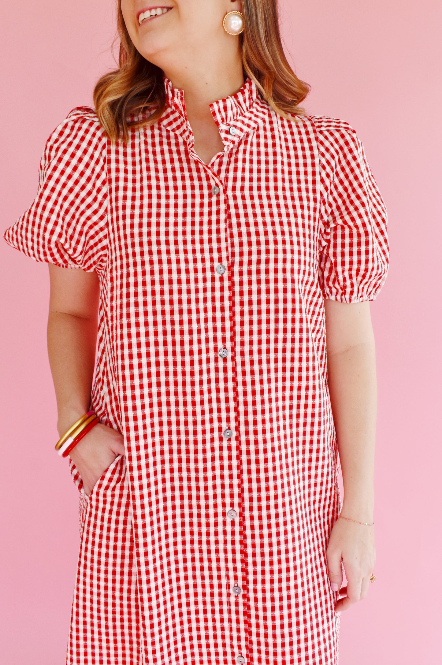 Red Gingham Button Down Midi Dress