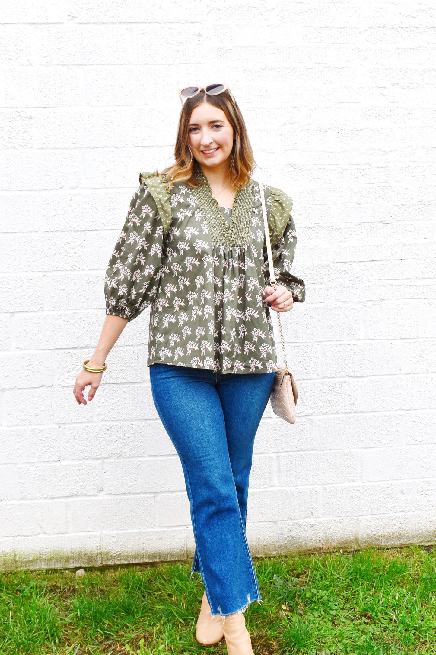 Olive Floral Contrast Printed Ruffle Blouse