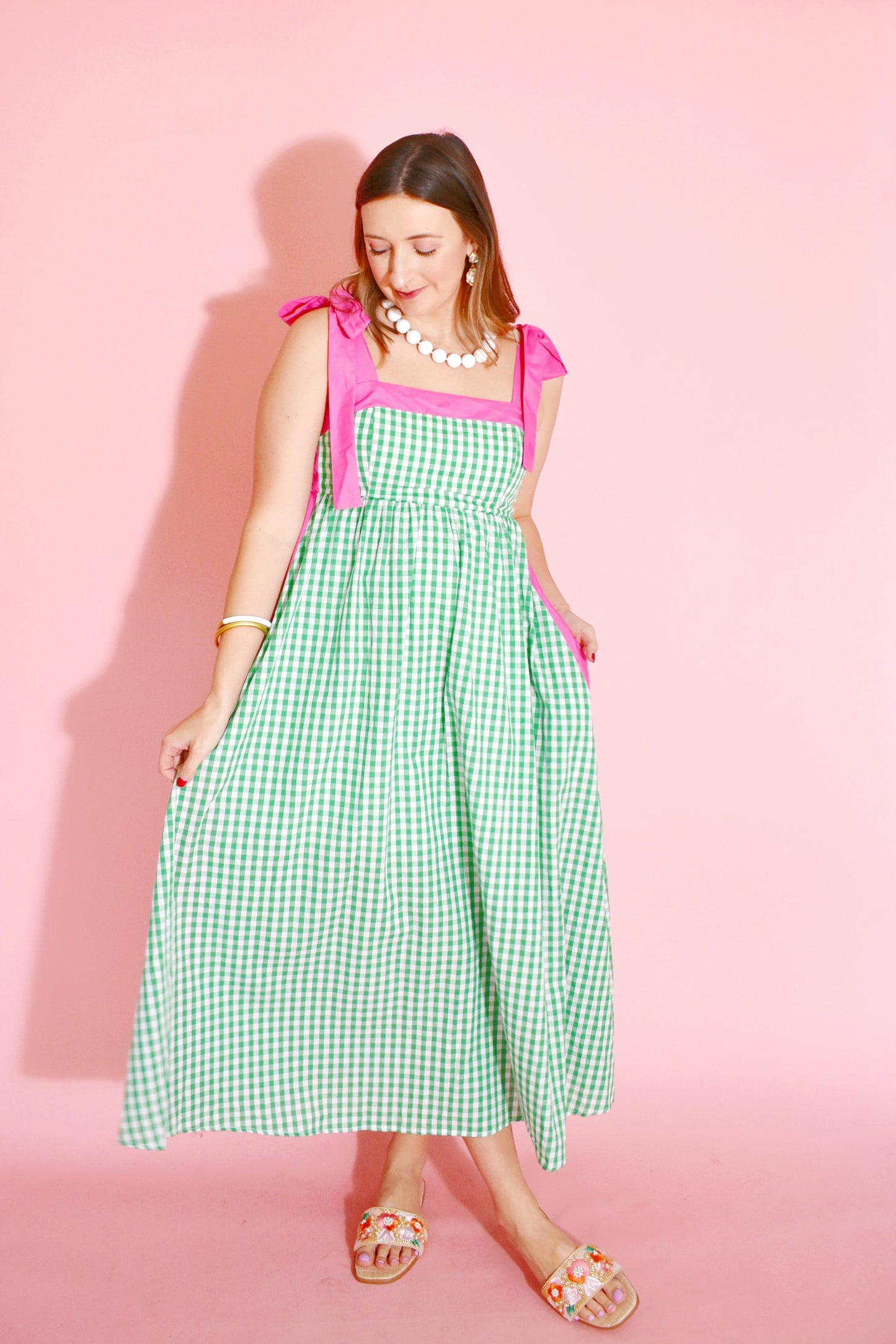 Green Gingham Pink Contrast Tie Strap Midi Dress