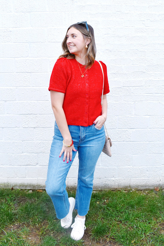 Red Button Down Short Sleeve Cardigan